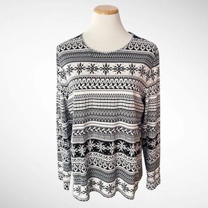 Talbots Fair Isle Long-Sleeve Black and White Pullover Tee Top